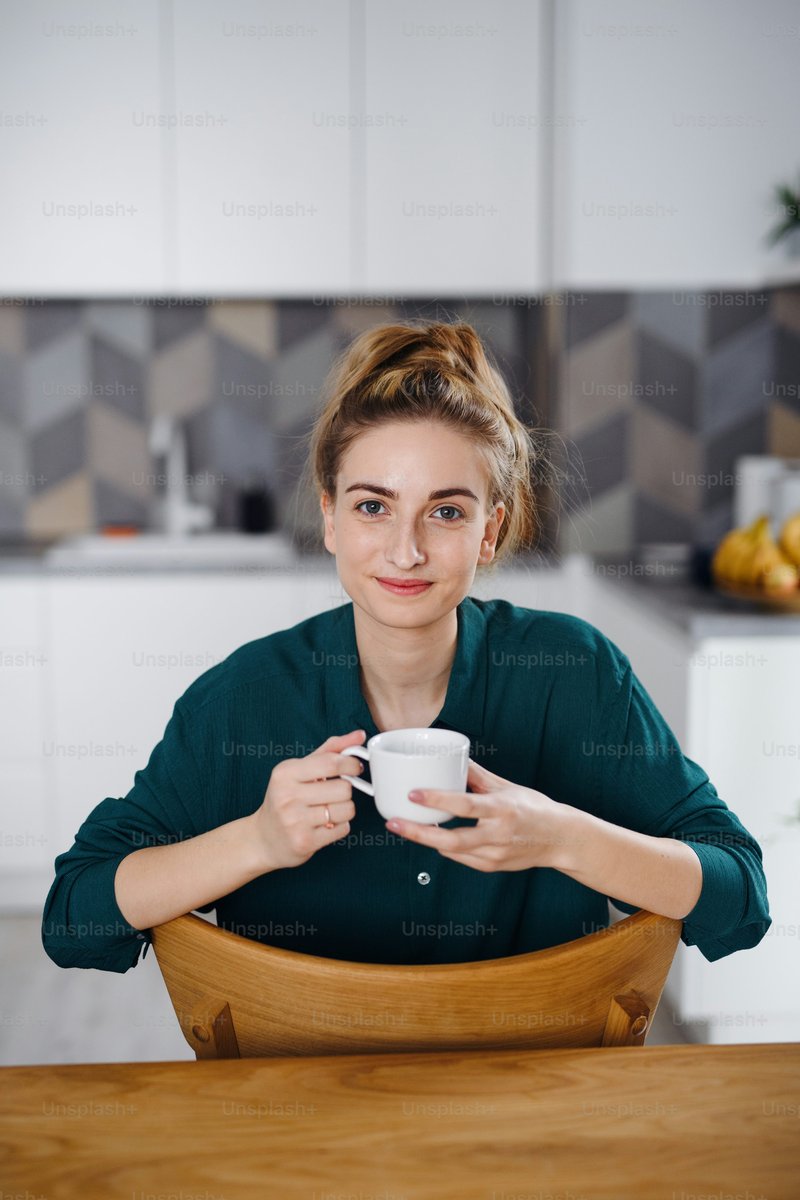 A portrait of happy young woman student drinking coffee at home, looking at camera. - Photo on Unsplash+ A portrait of happy young woman student drinking coffee at home, looking at camera. - Photo on Unsplash+